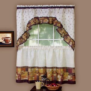 Coffee Window Kitchen Curtains 3-Piece Printed Tier & Swag Set - 57" (W) x 24"
